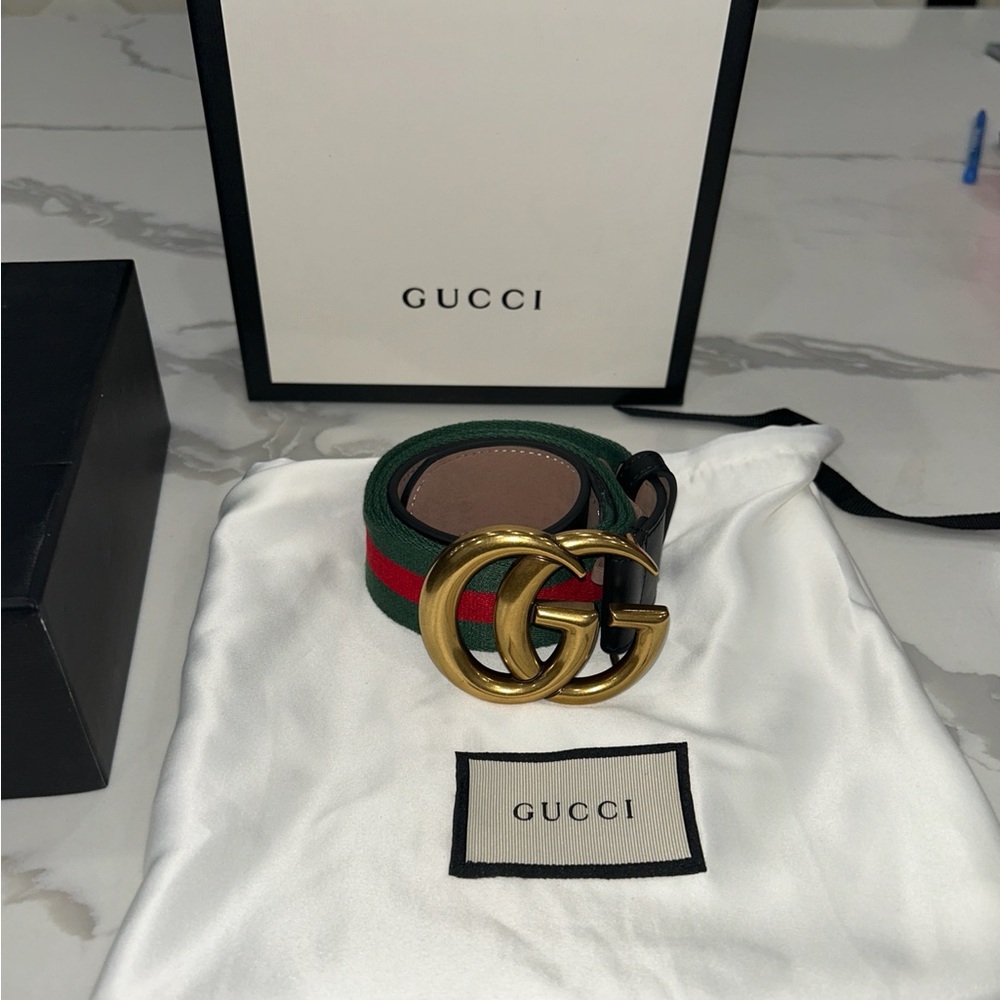 Gucci Green and Red Belt with Gold Buckle